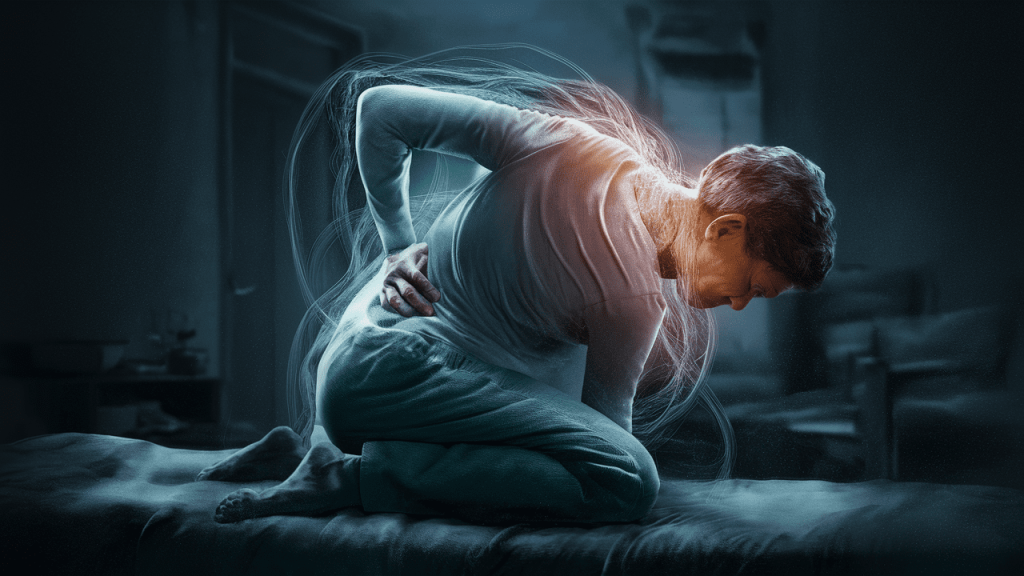 Person rubbing back and looking at laptop searching for spinal stenosis information
