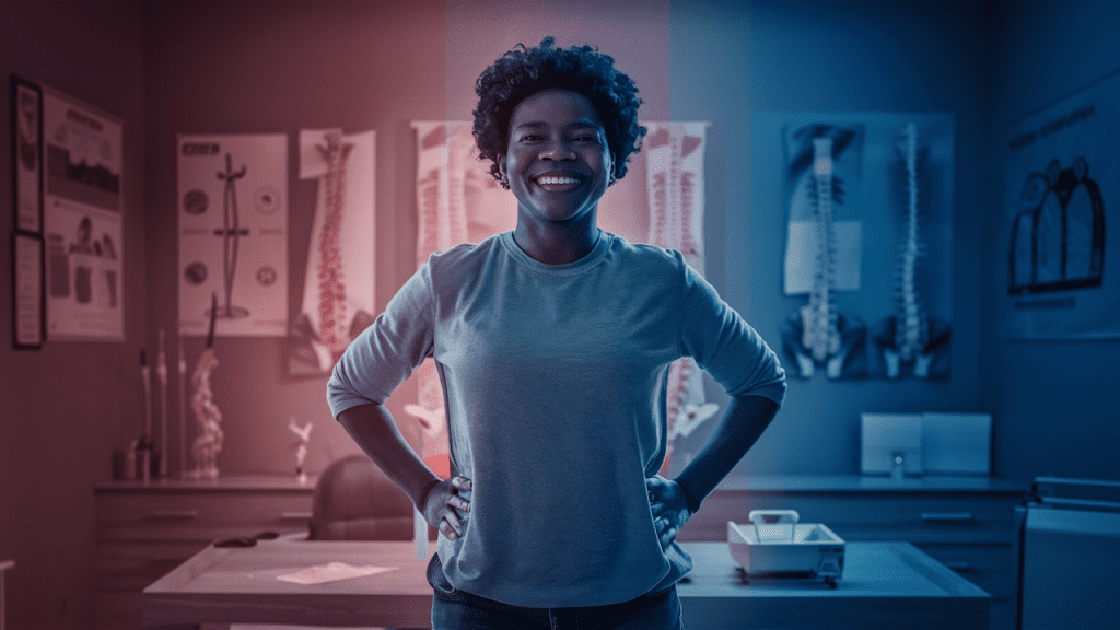 A smiling person standing confidently in a chiropractic office, surrounded by anatomical posters and equipment, representing a successful recovery from spinal stenosis through chiropractic care.