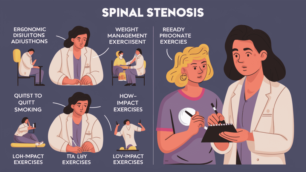 Person with spinal stenosis making ergonomic workspace adjustments and preparing healthy meal