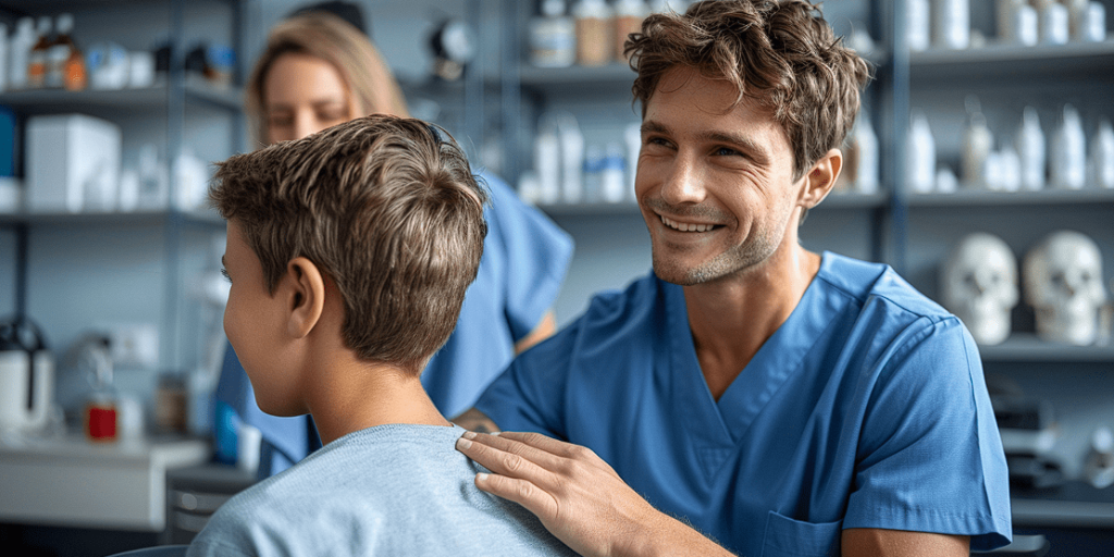 A smiling healthcare professional in blue scrubs placing a reassuring hand on a child's shoulder in a clinical setting, exemplifying pediatric chiropractic care.