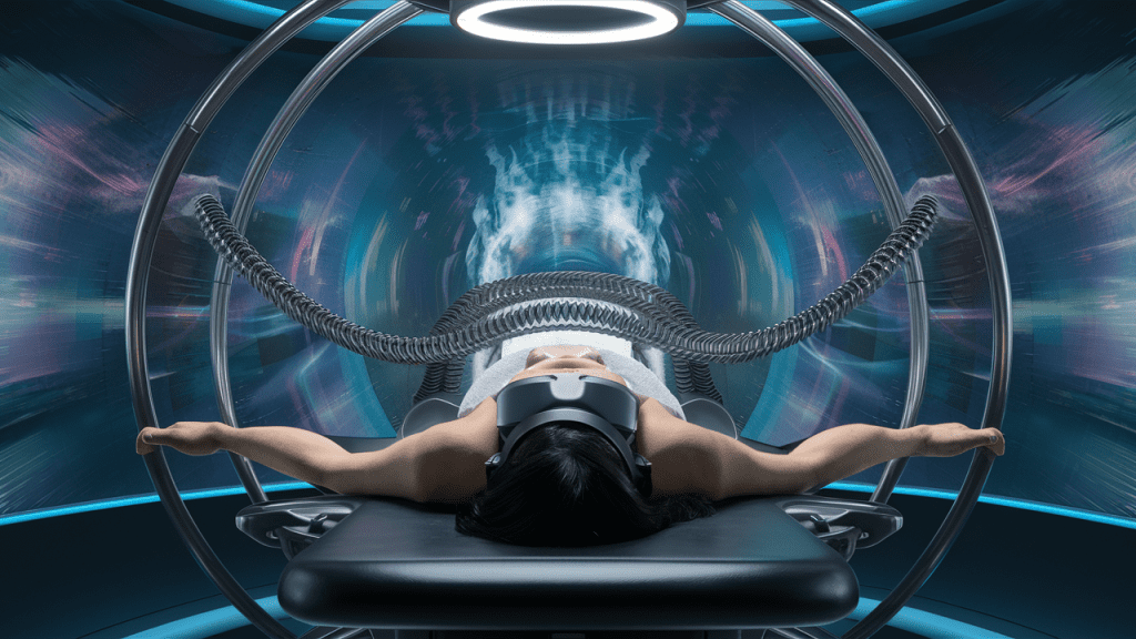 Patient lying on spinal decompression table receiving traction therapy