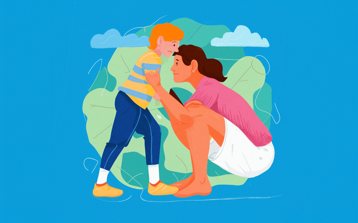 An illustration of a young girl with long brown hair, wearing a yellow top and blue jeans, sitting on the ground with a pensive expression against a blue background with swirling lines.