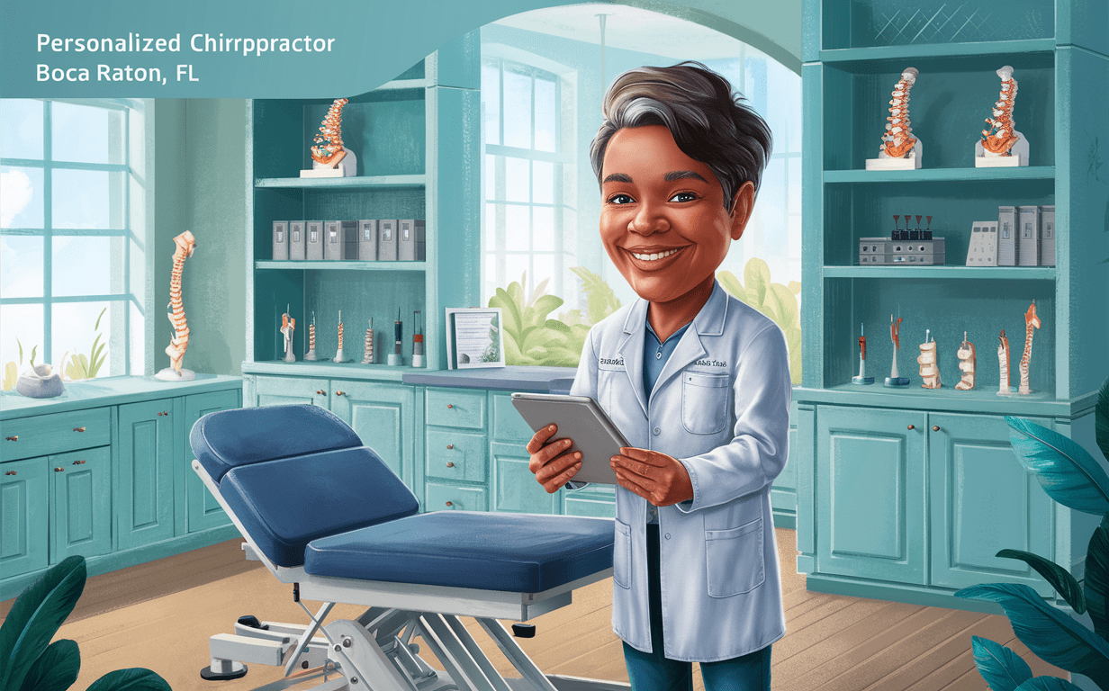 An illustration of a chiropractor standing in a modern, well-designed office space with anatomical posters and models, a treatment table, and potted plants by the window, holding a tablet computer.