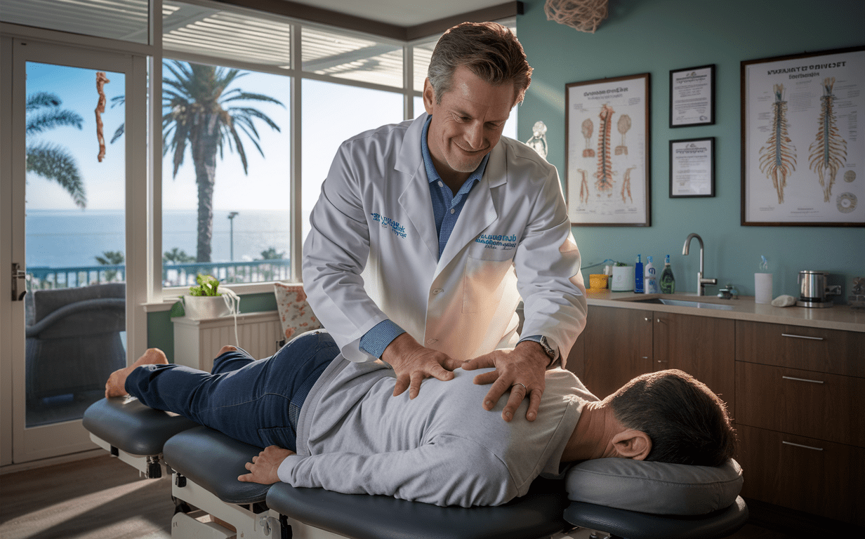 A chiropractor in a white coat adjusting a patient lying on a treatment table in an office with a scenic ocean view outside the windows