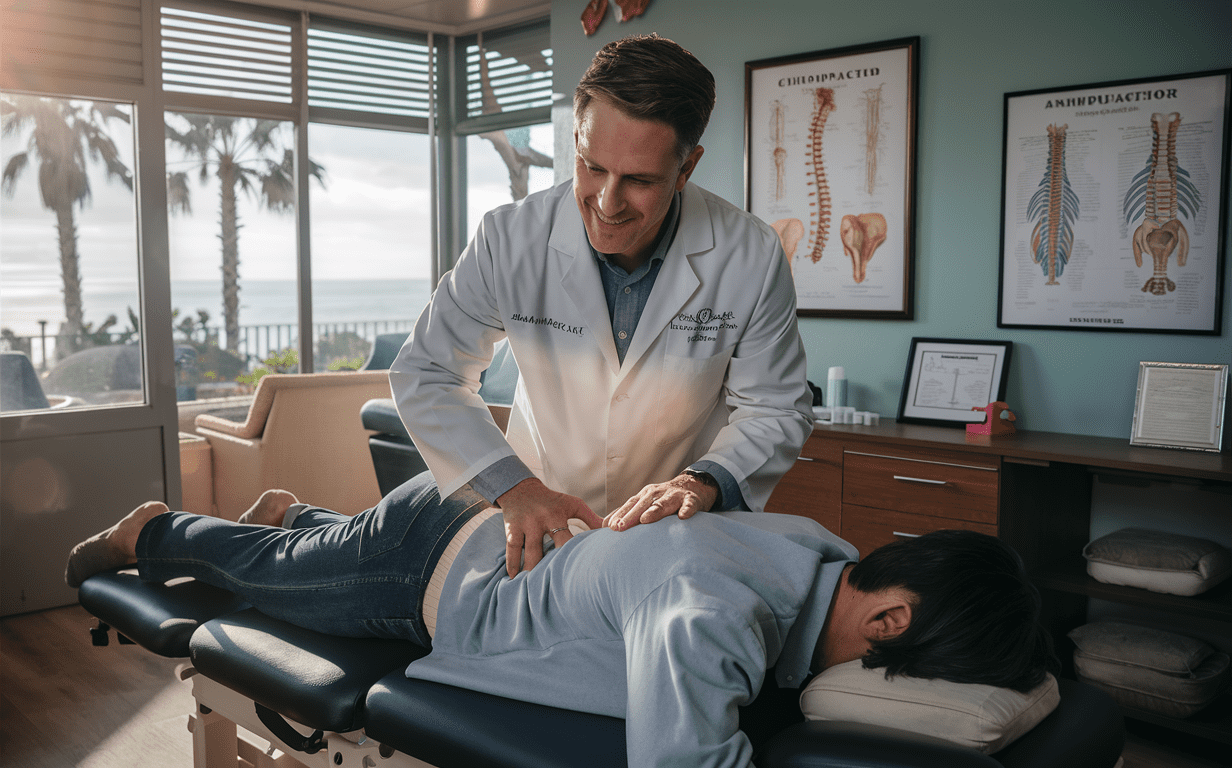 A chiropractor in a white coat is examining a patient lying on a treatment table in a clinic setting with palm trees visible through the window.