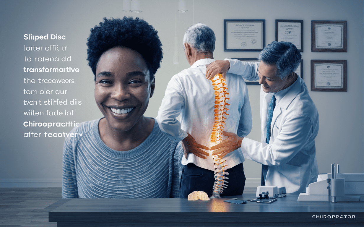 An elderly gray-haired man grimacing in discomfort while sitting on a couch, holding his lower back in a home office setting with bookshelves and a plant, suggesting he may be experiencing back pain or a slipped disc that could potentially benefit from chiropractic treatment.