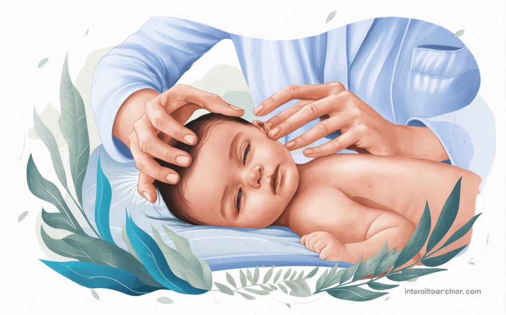 An illustration depicting an infant lying peacefully while receiving craniosacral therapy from a practitioner's caring hands, surrounded by soothing blue tones and leafy accents.