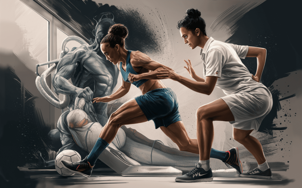 An artistic illustration of an intense soccer match, featuring two female players locked in a physical duel, with one player's muscular form rendered in a ghostly smoky effect, symbolizing the role of chiropractic care in faster injury recovery and healing for athletes.