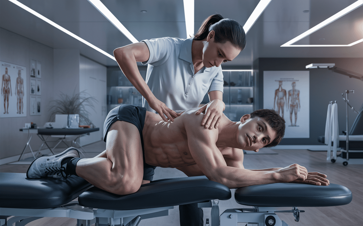 A sports chiropractor massaging the back of a muscular athlete on a treatment table in a modern clinical setting to aid injury recovery and healing