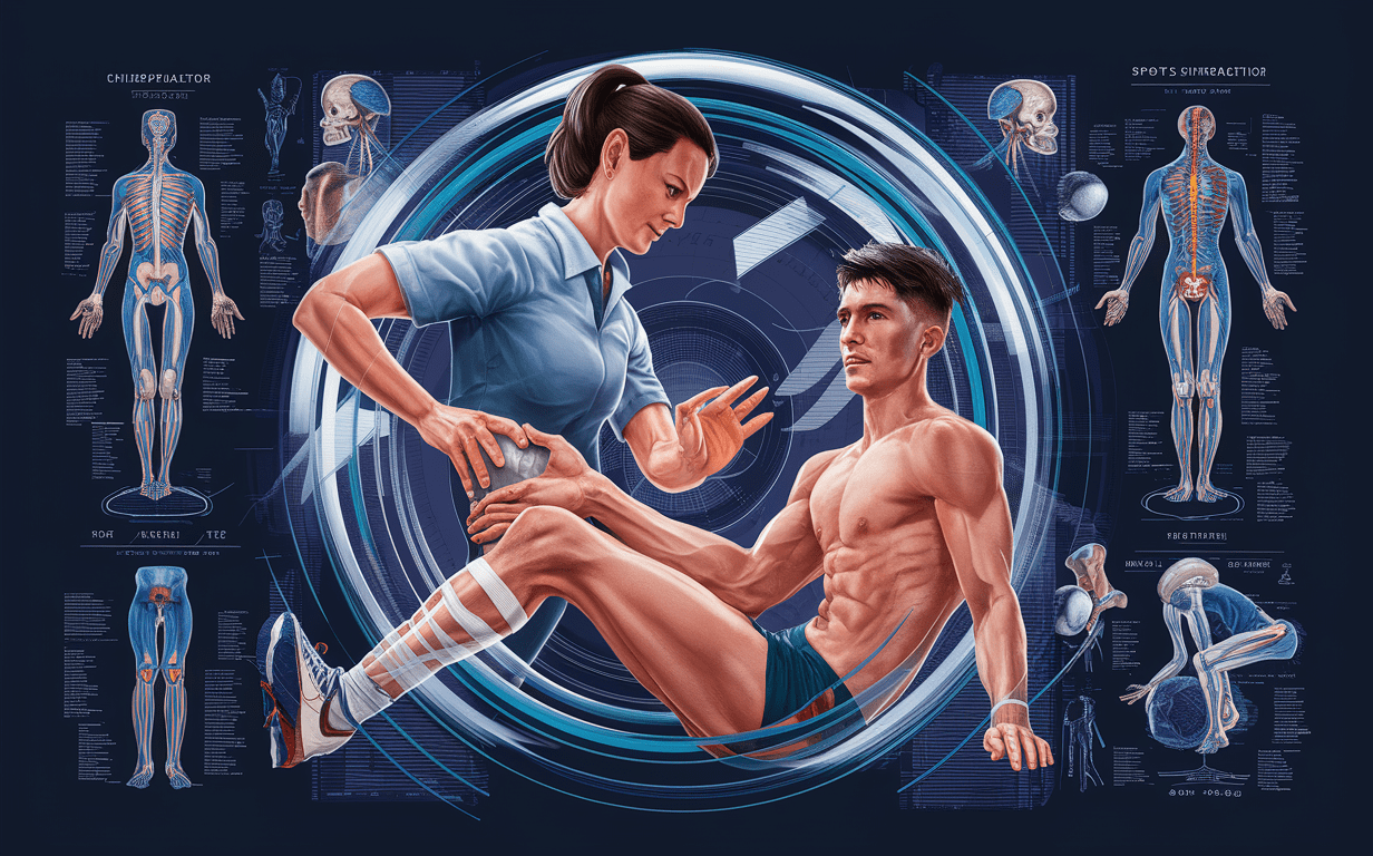 An illustration depicting a chiropractic session focused on sports injury recovery, with a doctor examining a patient's hand and detailed anatomical diagrams surrounding them.