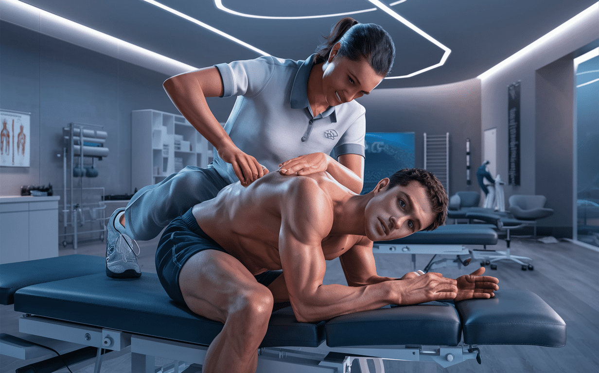 A sports chiropractor providing therapeutic treatment to an athletic patient on a massage table in a modern rehabilitation facility