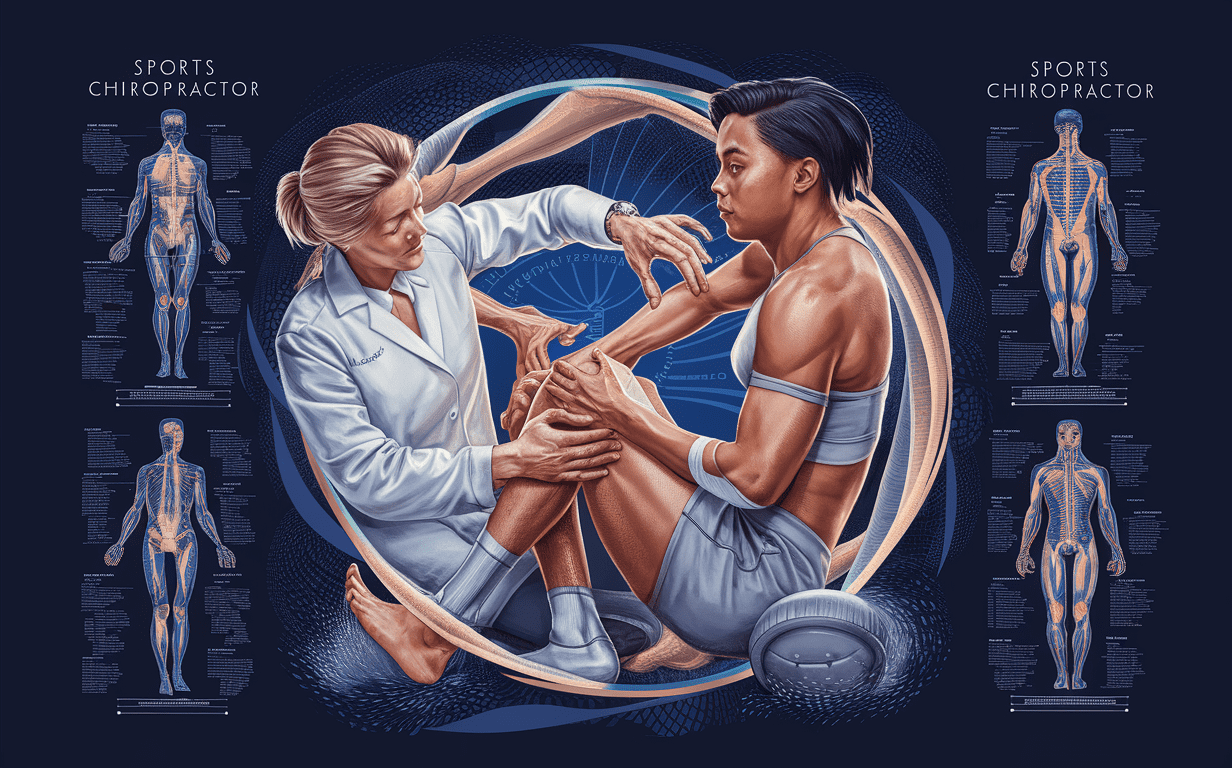 An illustration depicting a sports chiropractor examining and treating a shirtless male athlete, surrounded by anatomical diagrams highlighting the muscles and skeletal system.