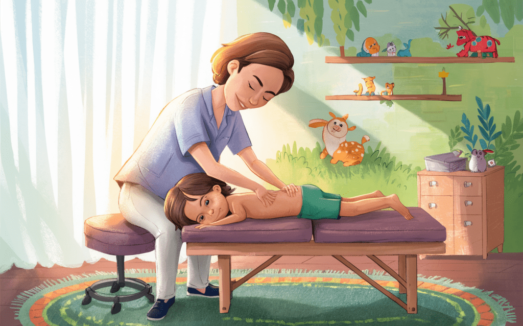 An image depicting a chiropractor gently adjusting a child on a treatment table surrounded by toys and a calming nature-themed decor, illustrating safe and gentle chiropractic techniques for children.