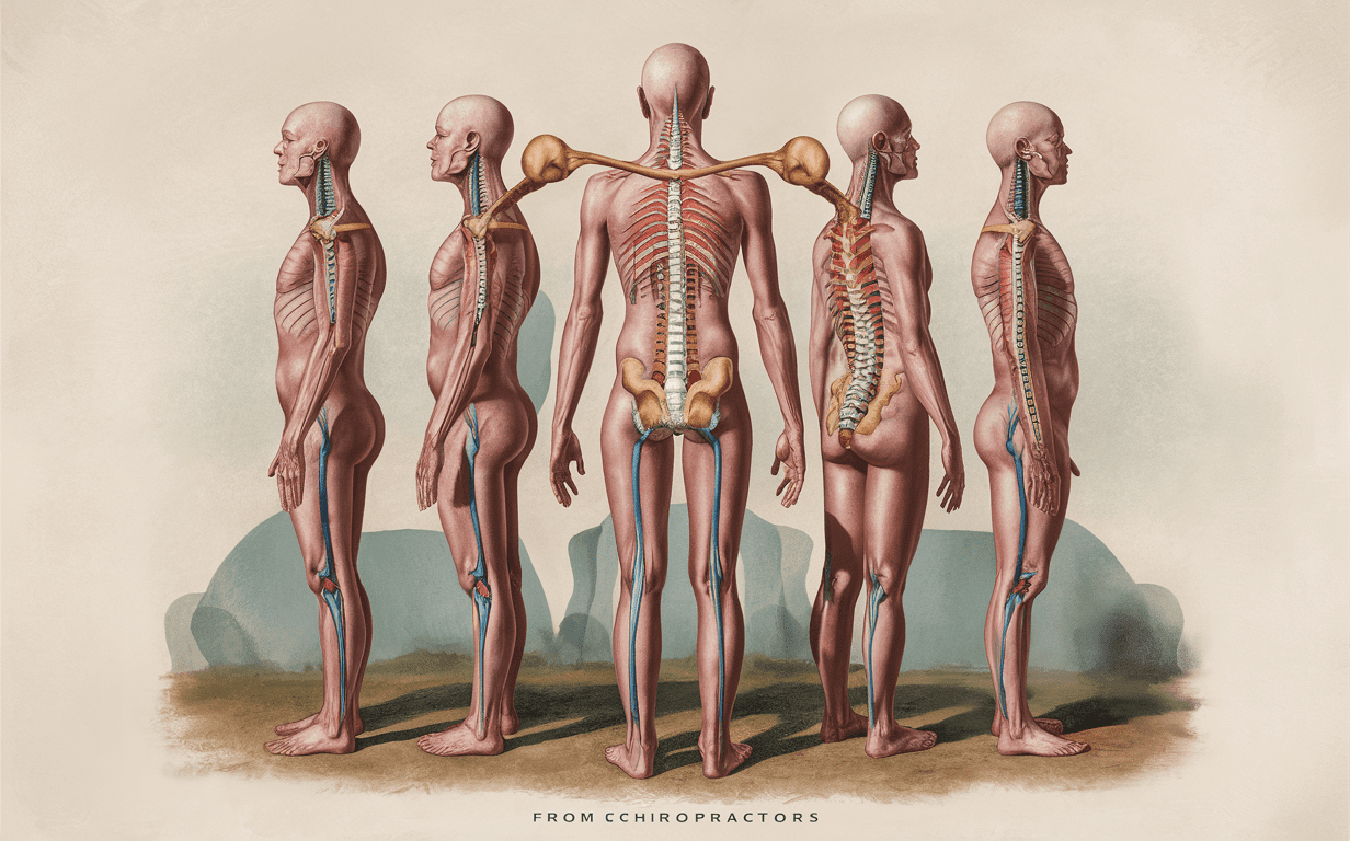 An anatomical illustration showing five human figures with exposed muscles and skeletal structures, highlighting potential consequences of poor posture from a chiropractor's viewpoint, such as spinal misalignment, muscle imbalances, and joint issues. effects of poor posture on overall health