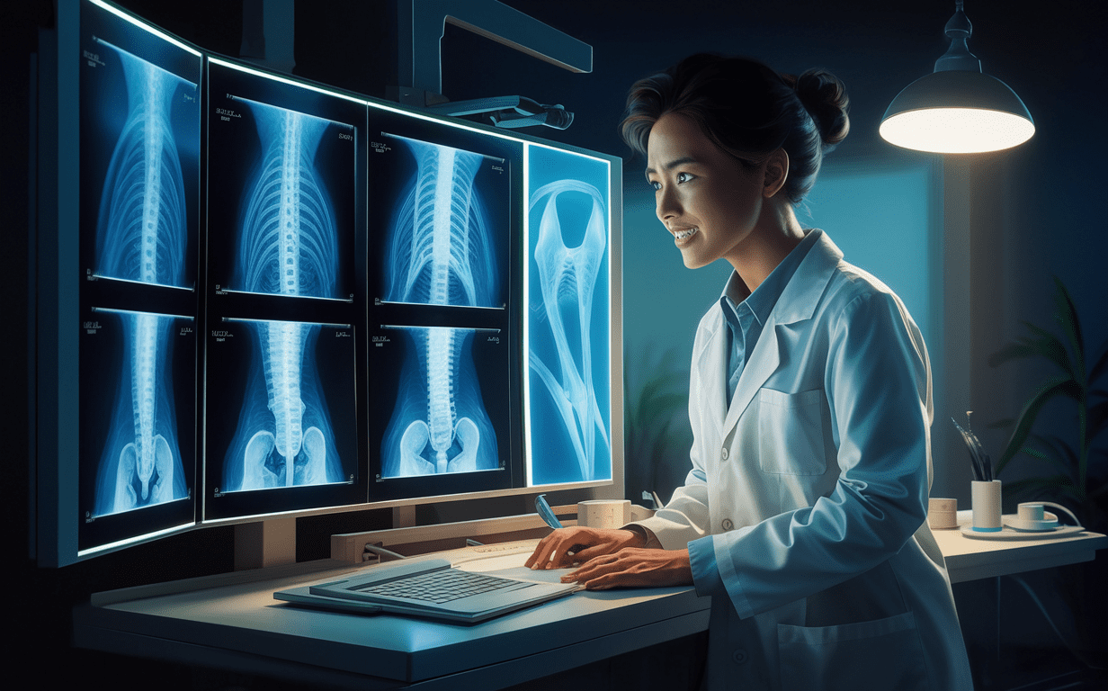 A chiropractor reviewing X-ray images of the spine on a computer screen, likely for a motion X-ray study to aid in diagnosis and treatment planning.