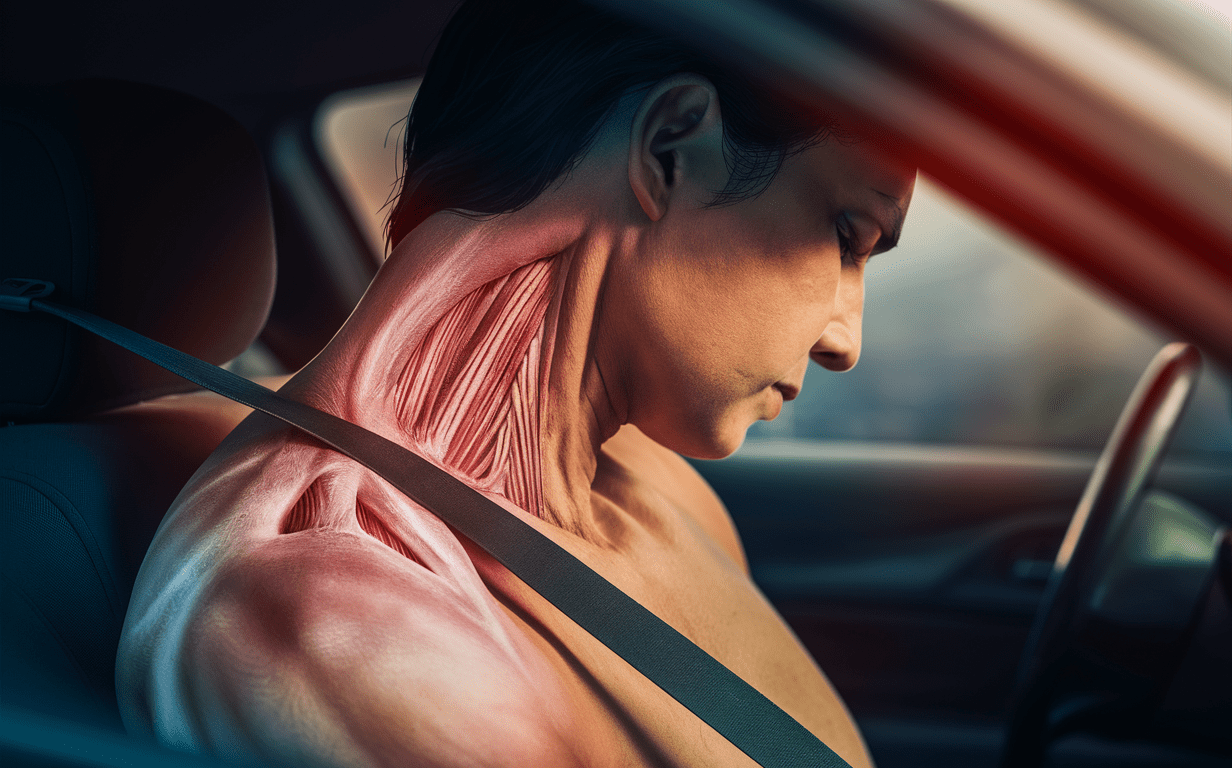 A woman with pink hair and visible bruising on her neck and shoulder area, likely from the seatbelt during an automobile collision, is shown sitting in the driver's seat of a car looking pensive.