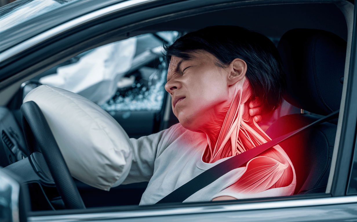 A person with a pained expression resting their head on the steering wheel after being involved in a car accident, suggesting potential muscle strains or injuries from the impact.
