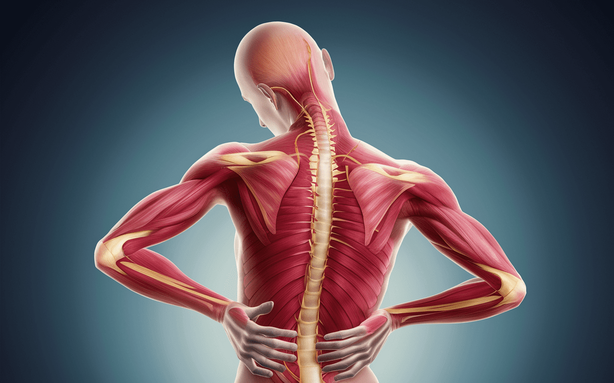 An illustration depicting the muscular anatomy of the back and posterior from an auto accident, with a wrecked car in the background, highlighting potential muscle strains and injuries from such impacts.