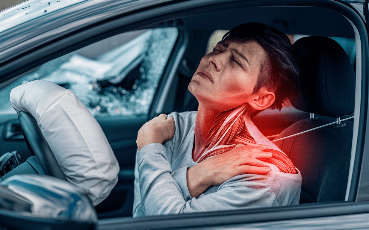 An illustration depicting a person suffering from a muscle strain after an auto accident, with vehicles and a diagram of a strained muscle shown
