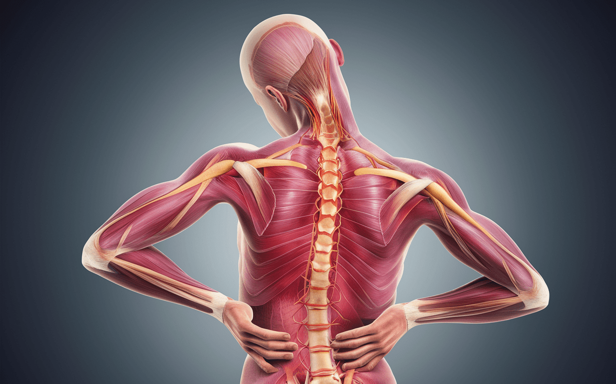 An anatomical illustration showing the muscles of the back, spine, and shoulders in shades of red and yellow against a blue background
