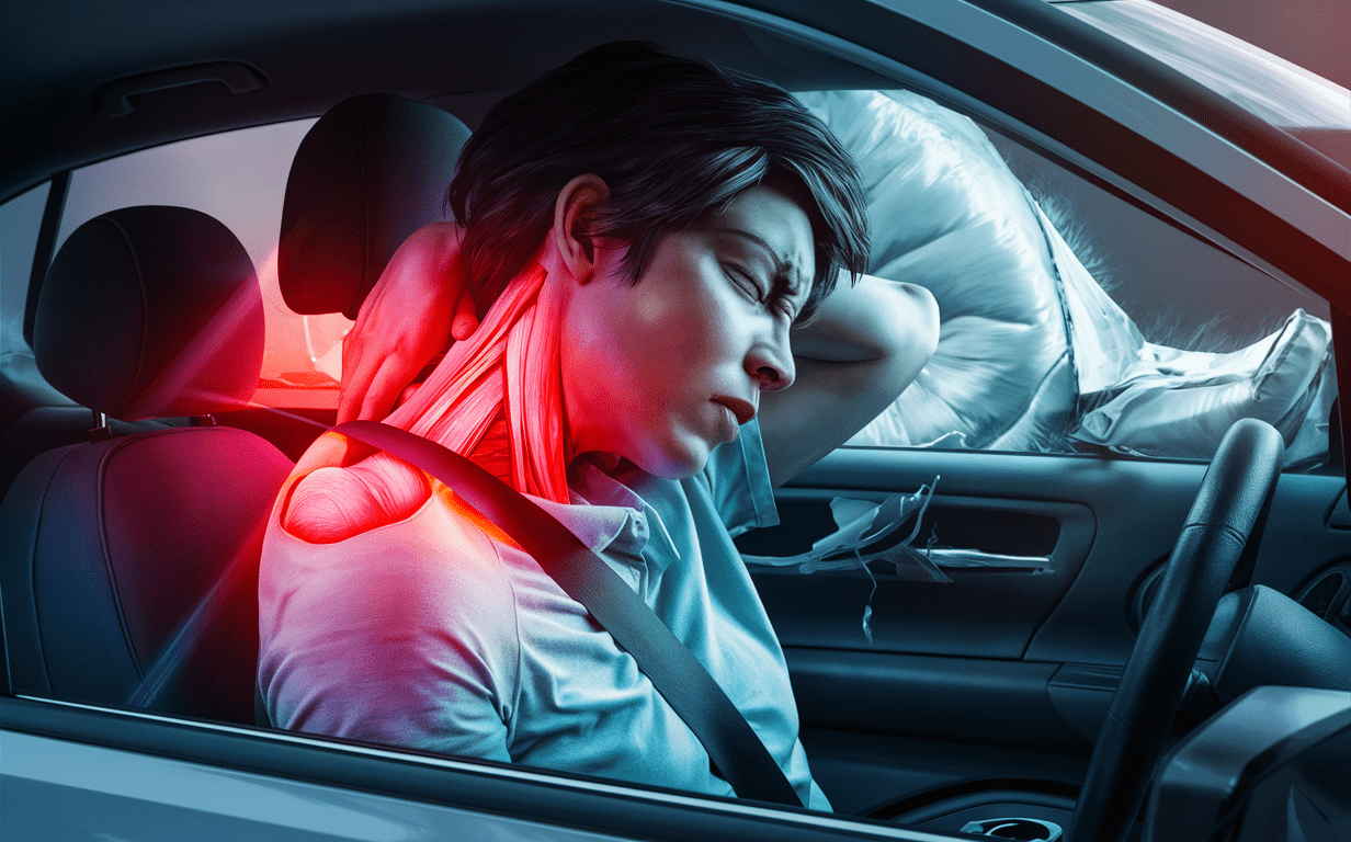 An image depicting a woman grimacing in pain while sitting in a car, with glowing red highlights on her neck and shoulder area, suggesting muscle strain or whiplash injury from an auto accident