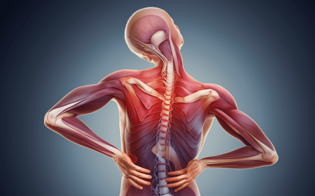 An illustration showing the muscles, bones, and anatomy of the human back and spine, useful for understanding potential muscle strains from auto accidents