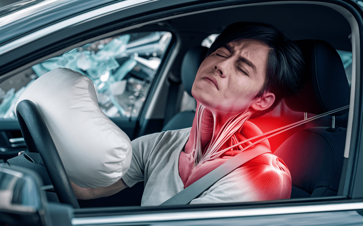 An image showing a woman grimacing in pain while sitting in the driver's seat of a car, with her neck and shoulder muscles highlighted in red, indicating potential strains or injuries from an auto accident.