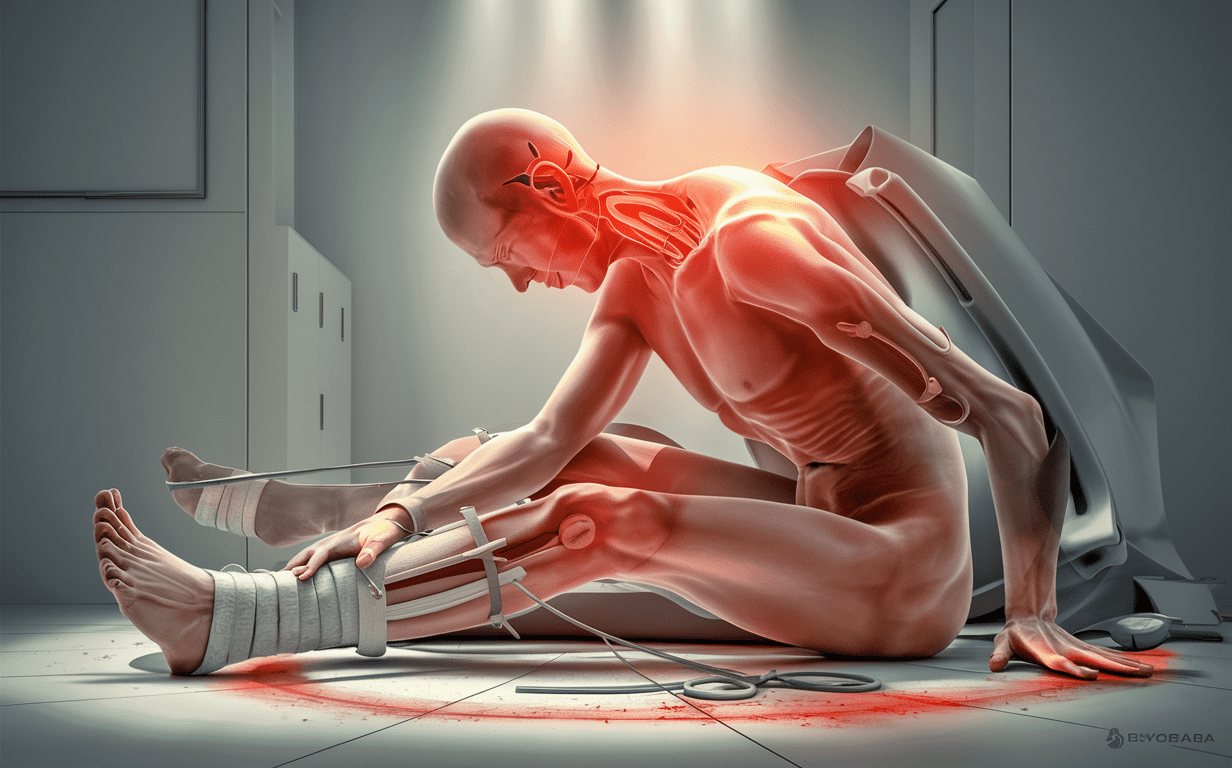 A graphic illustration depicting the muscular anatomy of a person lying injured, with a leg brace and blood on the floor, suggesting serious injuries from a car crash
