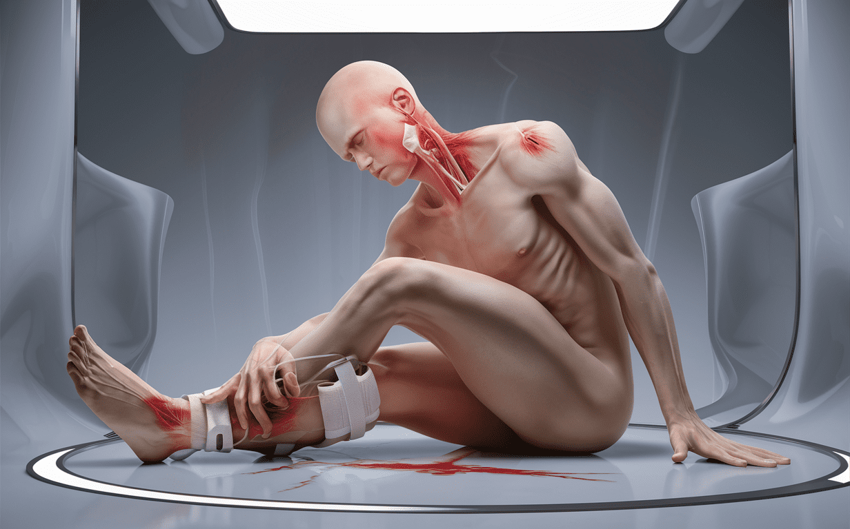 A surreal illustration depicting a human figure in distress, with wounds and bandages, symbolizing the pain and suffering caused by injuries, possibly from an auto accident