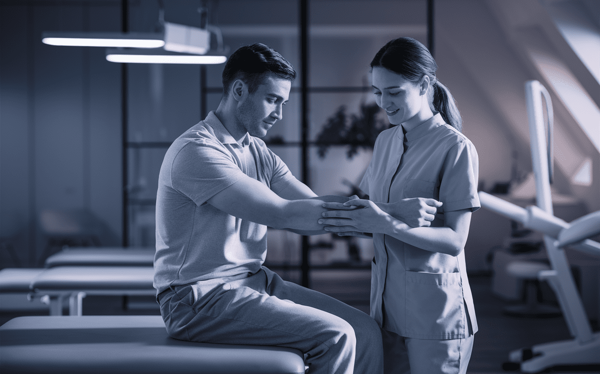 A physical therapist assists a patient during an injury rehabilitation session in a modern therapy room.