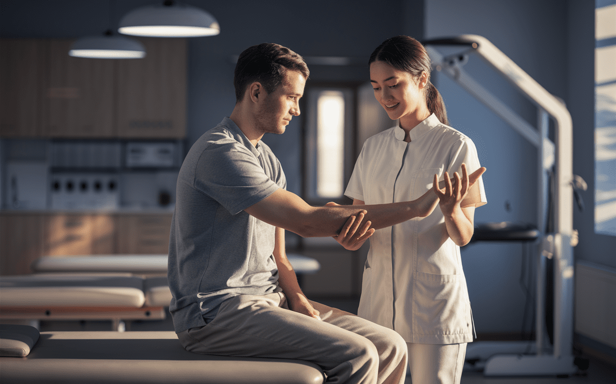 An illustration depicting a doctor providing attentive medical care to a patient, with supporting imagery suggesting comprehensive treatment and a focus on the patient's well-being.