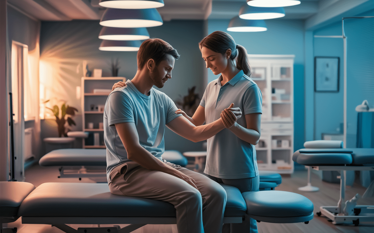 A medical professional assists a patient during a rehabilitation session, guiding their movements in what appears to be a medical facility or physical therapy setting.