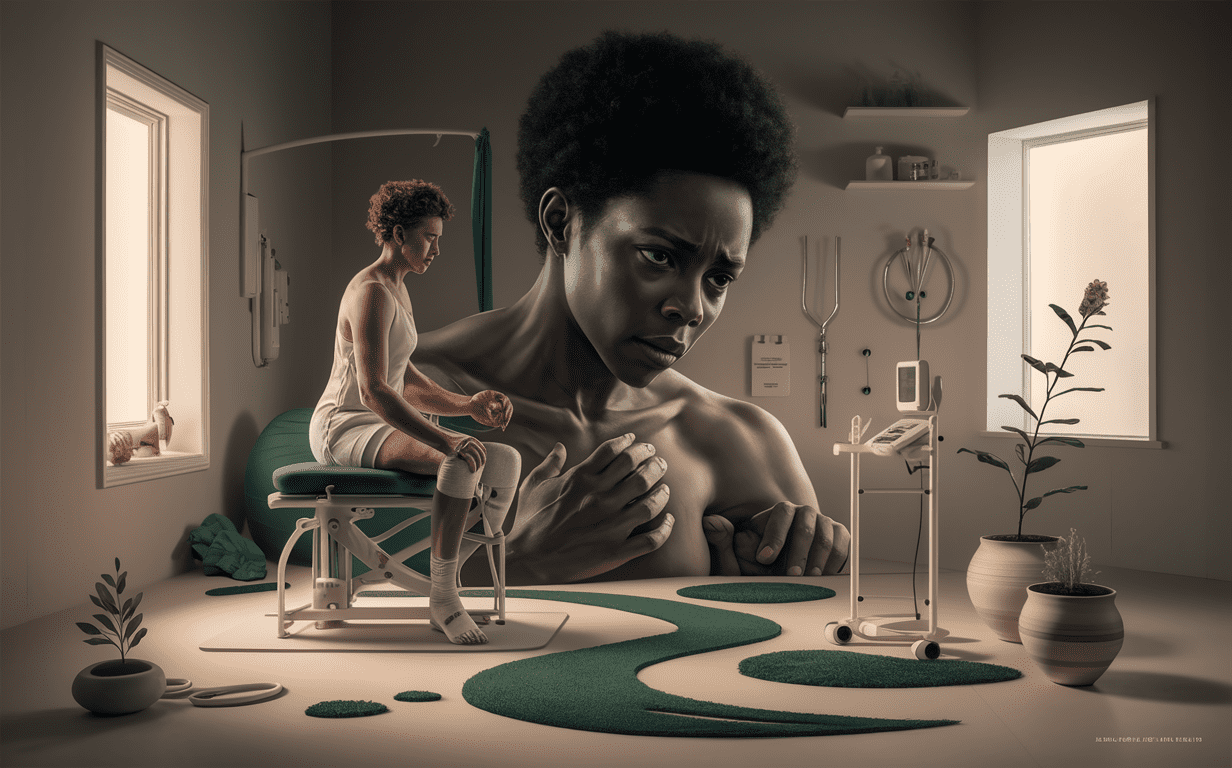 An artistic representation of a person recovering from auto accident injuries through holistic mind-body therapy, surrounded by medical equipment and serene natural elements.