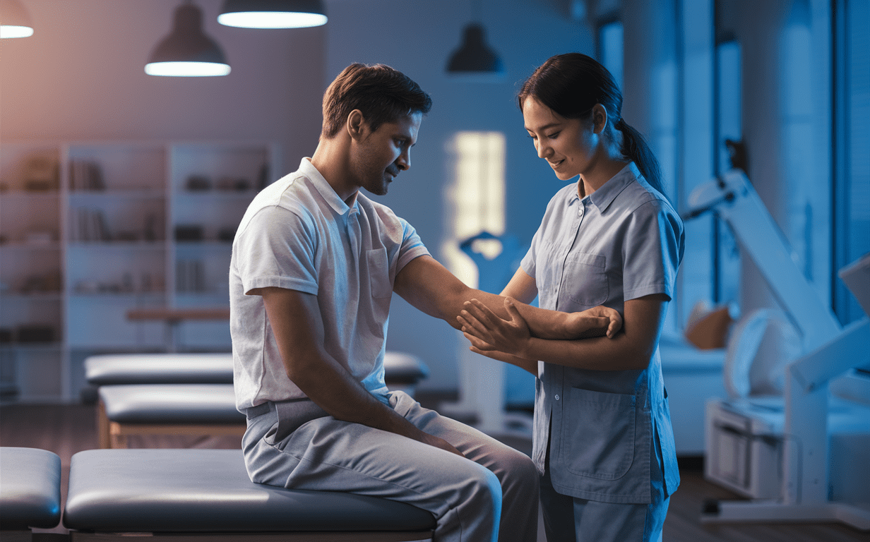 A medical professional is helping an injured patient in what appears to be a physical therapy or rehabilitation setting, suggesting comprehensive treatment for recovery after an auto accident injury.