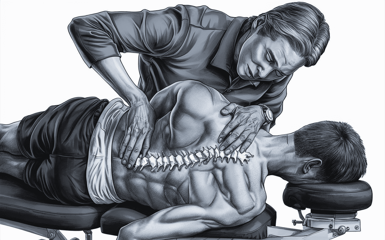 A chiropractic practitioner performing a spinal adjustment on a patient lying on a treatment table