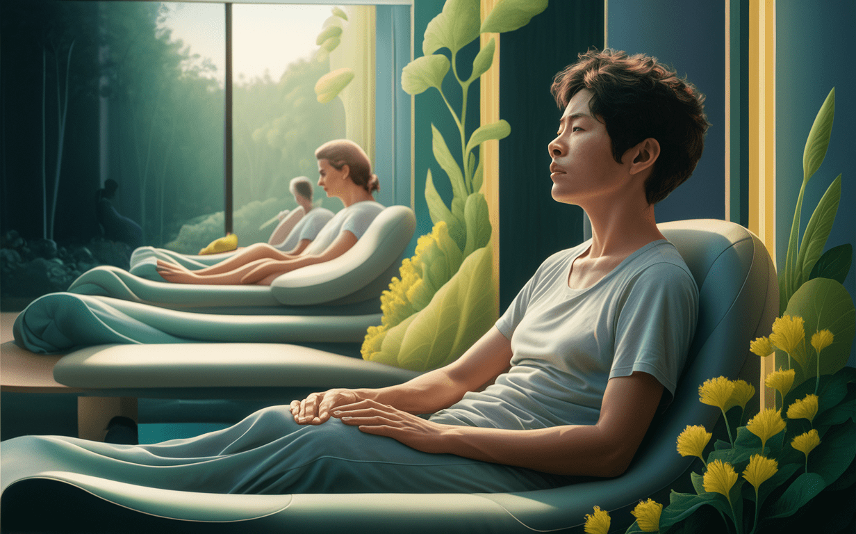 An illustration depicting a couple lying on a bed, with one person massaging the other's back to help manage pain and reduce inflammation during recovery from an auto accident injury.