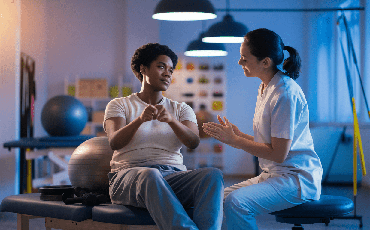 A physical therapist assists a patient in performing therapeutic exercises during a rehabilitation session aimed at effective pain management and inflammation reduction following an auto accident injury.
