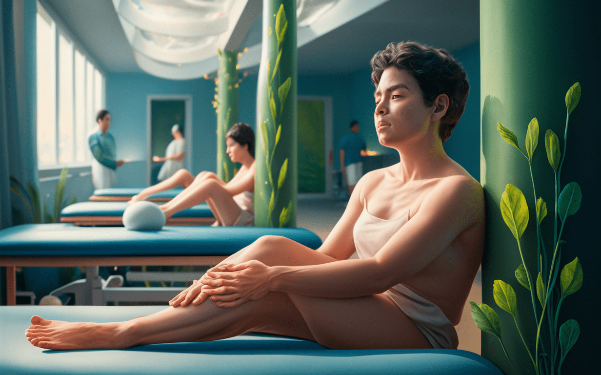 People practicing yoga poses in a serene studio setting with plants, promoting wellness and natural pain management