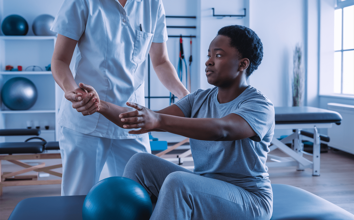 A physical therapist guides a patient through exercises to manage pain and reduce inflammation during recovery from an auto accident injury