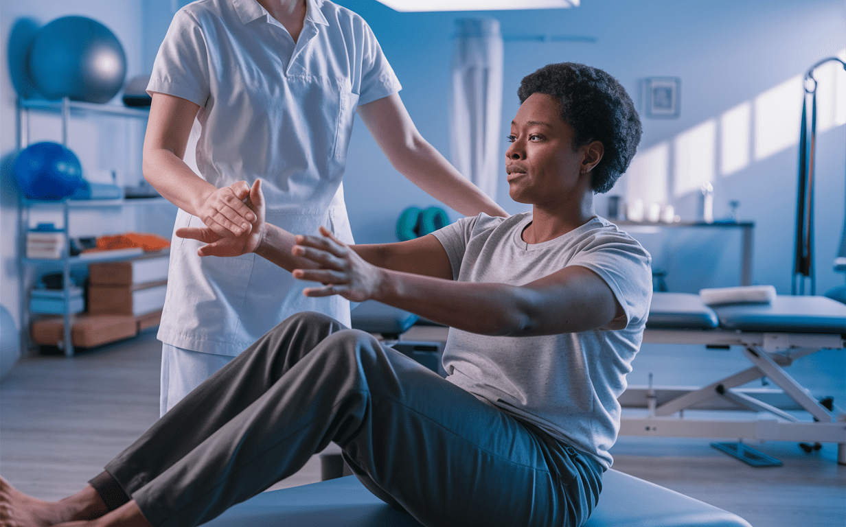A physical therapist assists a patient with stretching exercises during rehabilitation after an accident