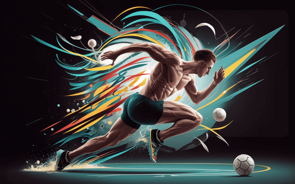 An illustration of a muscular soccer player in motion, surrounded by vibrant colorful trails representing energy and dynamism, kicking a soccer ball on a dark background.