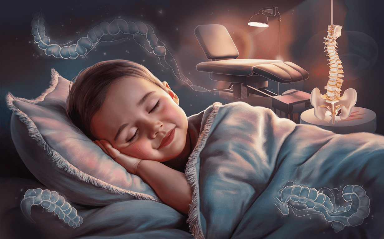 An illustration depicting a sleeping child receiving chiropractic care, with representations of improved sleep quality and digestive health symbolized by clouds and anatomical imagery.