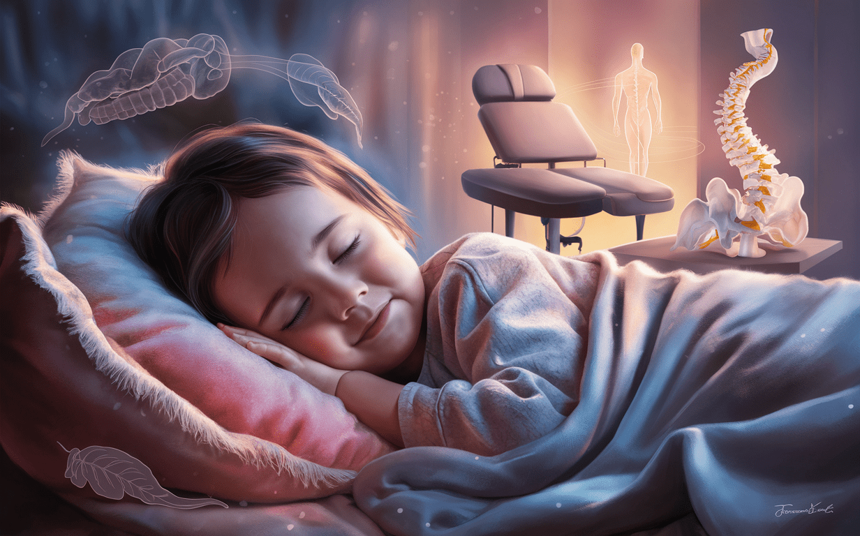An illustration depicting a sleeping child receiving chiropractic care, with imagery representing improved sleep, digestion, and overall well-being.