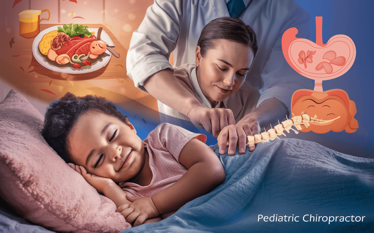 A pediatric chiropractor gently adjusts a child lying on a bed, with illustrations of healthy food and a relaxed spine in the background, promoting improved sleep and digestive function through chiropractic care.