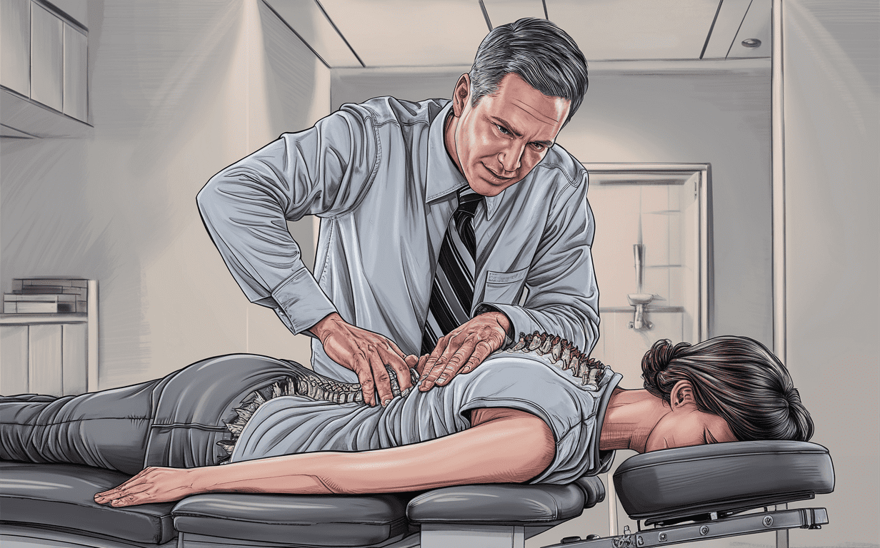 A chiropractor performing a spinal adjustment using the Gonstead technique on a patient lying face down on a treatment table in a clinical setting.