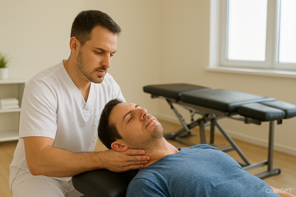Male chiropractor in Boca Raton adjusting a male patient’s neck during chiropractic treatment for cervical pain.