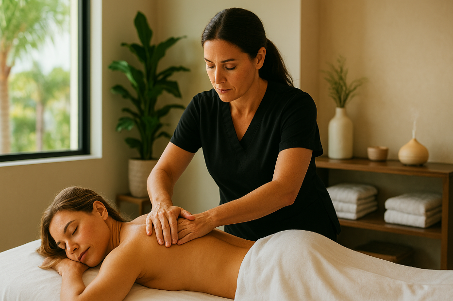 Massage therapist near Delray Beach providing a deep tissue massage in a modern wellness clinic.