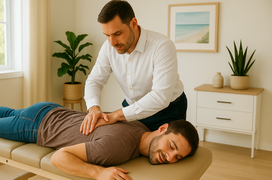 Chiropractor in Deerfield Beach performing a spinal adjustment on a patient in a modern clinic.
