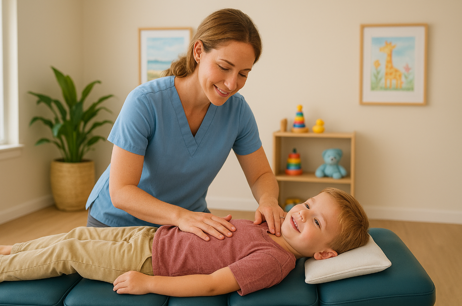 Pediatric chiropractor in Boca Raton providing gentle adjustment for a young child in a family-friendly clinic.
