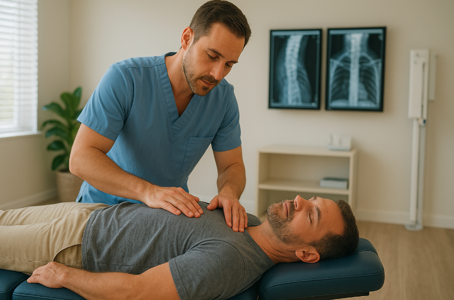Chiropractor in Boca Raton performing spinal adjustment on a patient in a modern clinic.